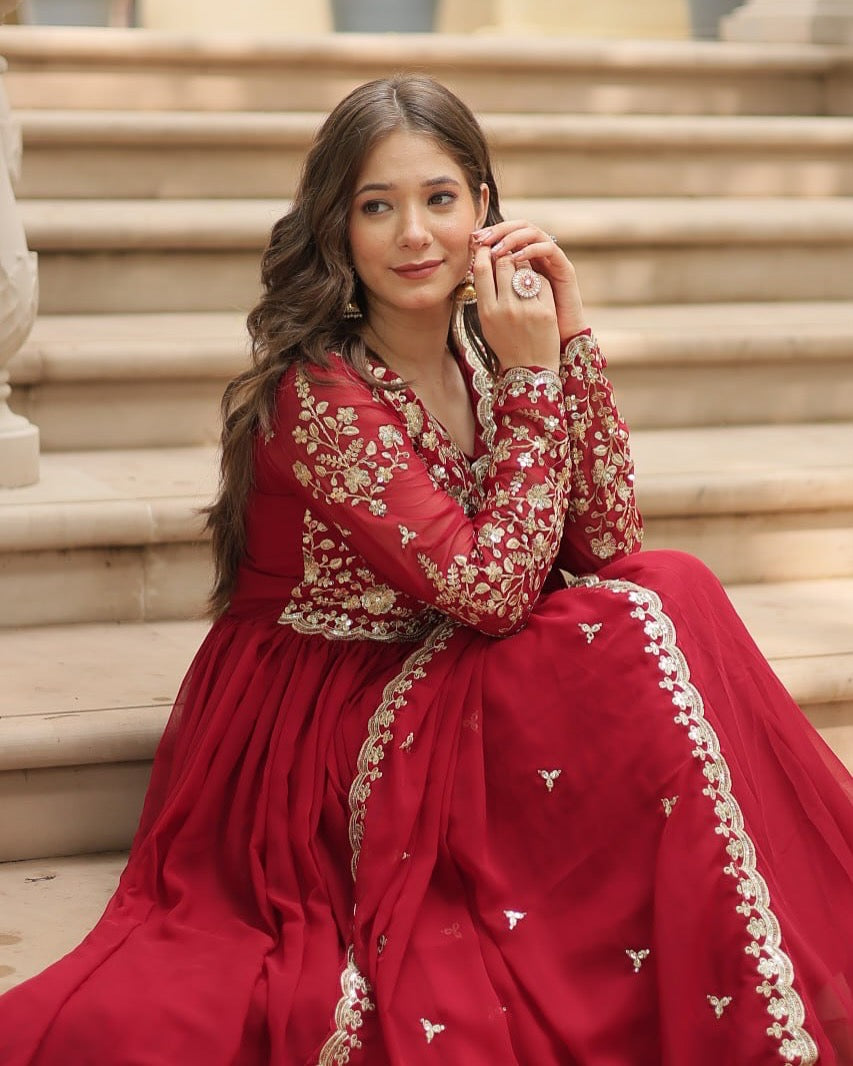Designer Maroon Long Gown with Dupatta | Zari & Sequins Embroidered Party Wear Dress