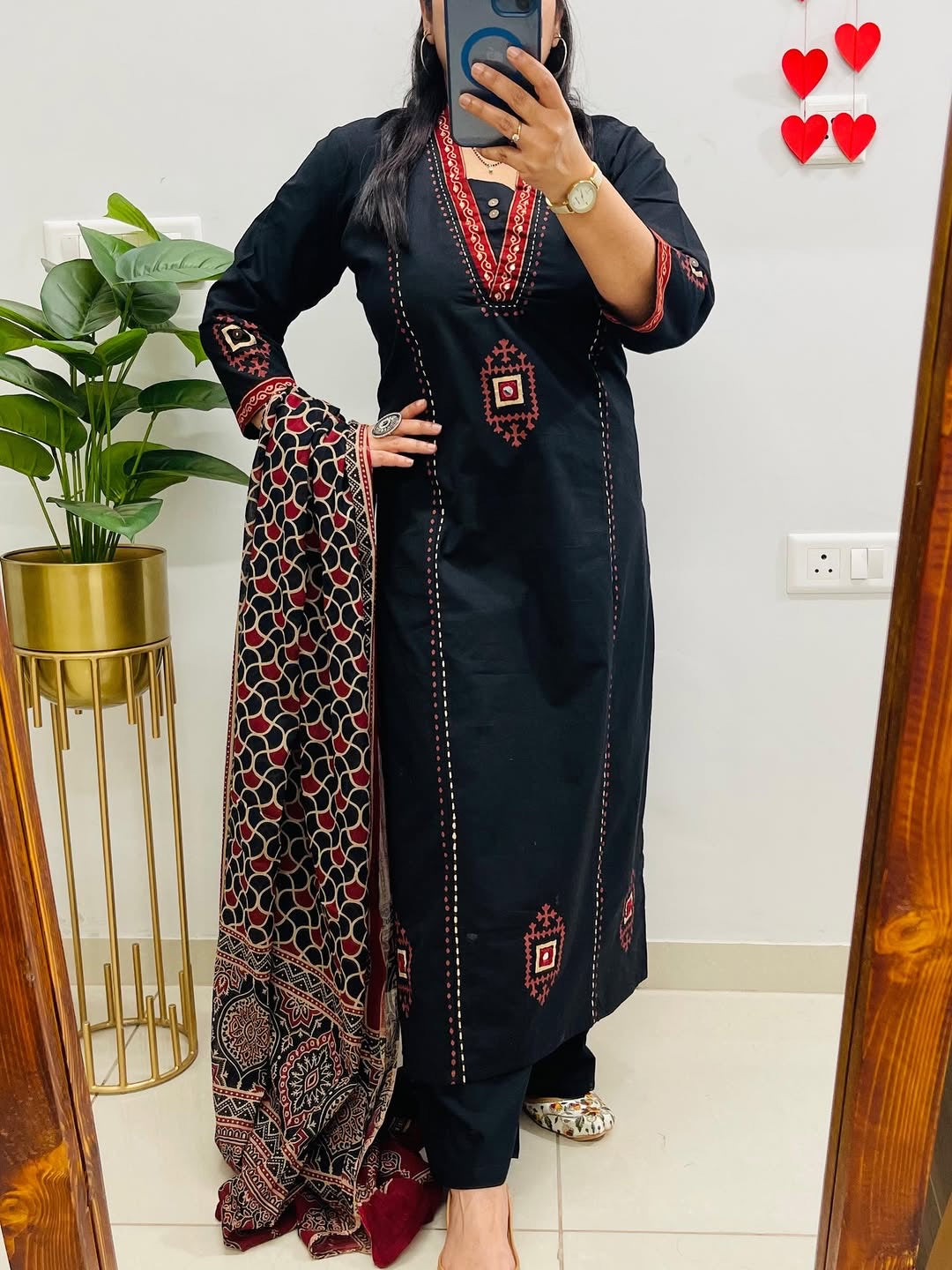 Black Dabu Cotton Suit Set | Mirror Work Kurta |  Handblock Print Dupatta | Soft Comfortable Office wear | Casual Ethnic Wear for Women