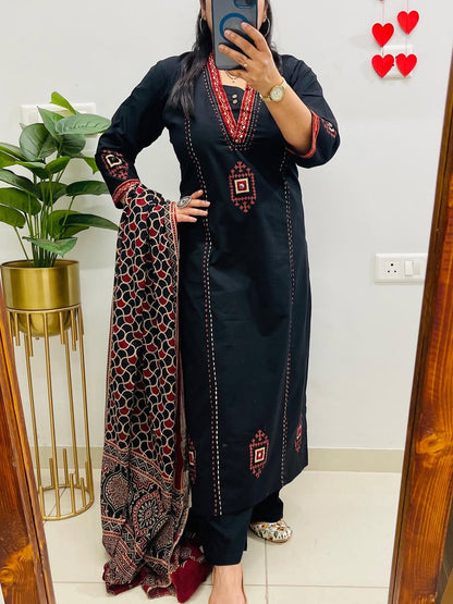 Black Dabu Cotton Suit Set | Mirror Work Kurta |  Handblock Print Dupatta | Soft Comfortable Office wear | Casual Ethnic Wear for Women