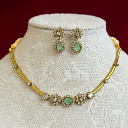 Mint Green Stone Necklace Set, Elegant Gold Floral Necklace, Indian Wedding Jewelry Set, CZ Diamond Necklace, Bridesmaid Jewelry, Party Wear