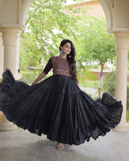 Navratri Black Gown for Women, Garba Dandiya Dress, Mirror Work Kora Cotton Gown, Embroidered Indian Festival Dress, 12 Meter Flair