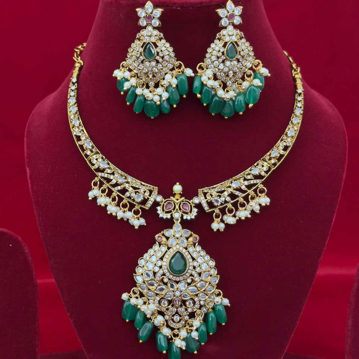 Victorian Mehendi Polish Necklace Set with Green Beads, Kundan Stones & Pearl Drops, Indian Bridal Wedding Jewelry, Ships from USA