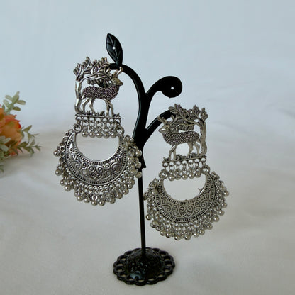 Oxidized Silver Deer Chandbali Earrings, Statement Indian Jhumka Earrings, Tribal Boho Jewelry, Ghungroo Dangle Earrings, Ethnic Wedding Jewelry