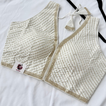 Off white Saree Blouse, V Neck Zari Embroidered Blouse, Sleeveless Ready to Wear Indian Blouse, Wedding Festive Blouse,