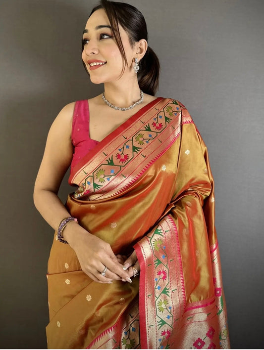 Golden Brown Semi Paithani Saree Soft Silk, Traditional Paithani Saree with Pink Border, Maharashtrian Wedding Saree, Festive Indian Saree,