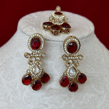 Maroon Kundan Necklace Set with Earrings & Maang Tikka, Indian Bridal Jewelry Set, Gold Tone Kundan Wedding Necklace, Traditional Jewelry