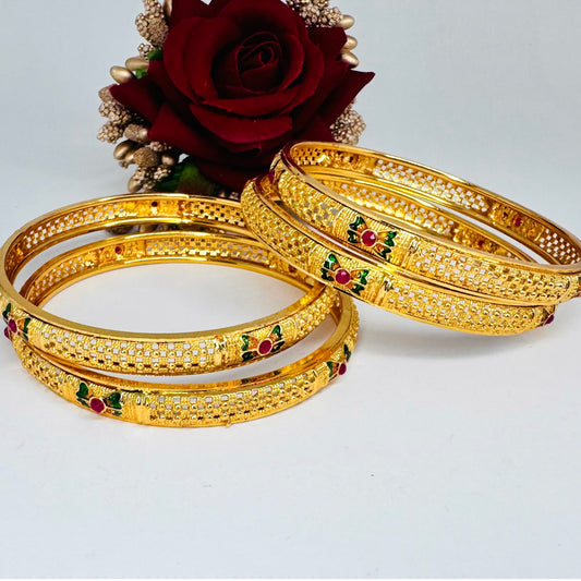 Elegant Gold-Plated Traditional Indian Bangles with Intricate Design and Gemstone Accents - Set of 4