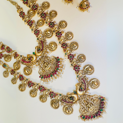 Exquisite Temple Jewelry set with Lakshmi motif ( 3 Piece Set), Gold-Plated Traditional Indian Combo Jewelry set Bridal Jewelry Necklace Set with short and long necklace and matching Earrings 