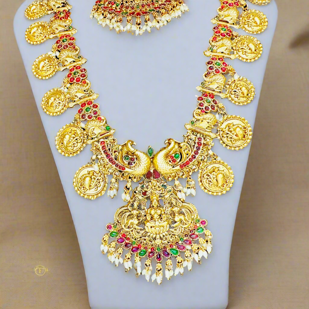 Exquisite Temple Jewelry set with Lakshmi motif ( 3 Piece Set), Gold-Plated Traditional Indian Combo Jewelry set Bridal Jewelry Necklace Set with short and long necklace and matching Earrings -3
