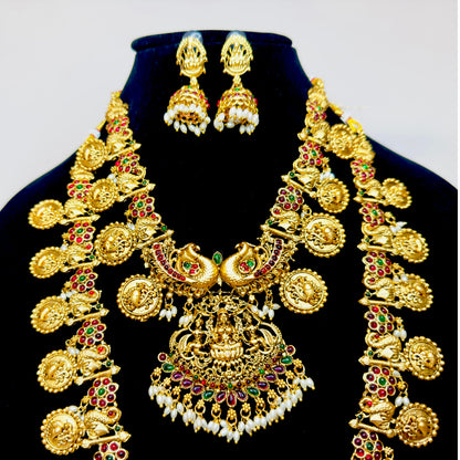 Exquisite Temple Jewelry set with Lakshmi motif ( 3 Piece Set), Gold-Plated Traditional Indian Combo Jewelry set Bridal Jewelry Necklace Set with short and long necklace and matching Earrings 