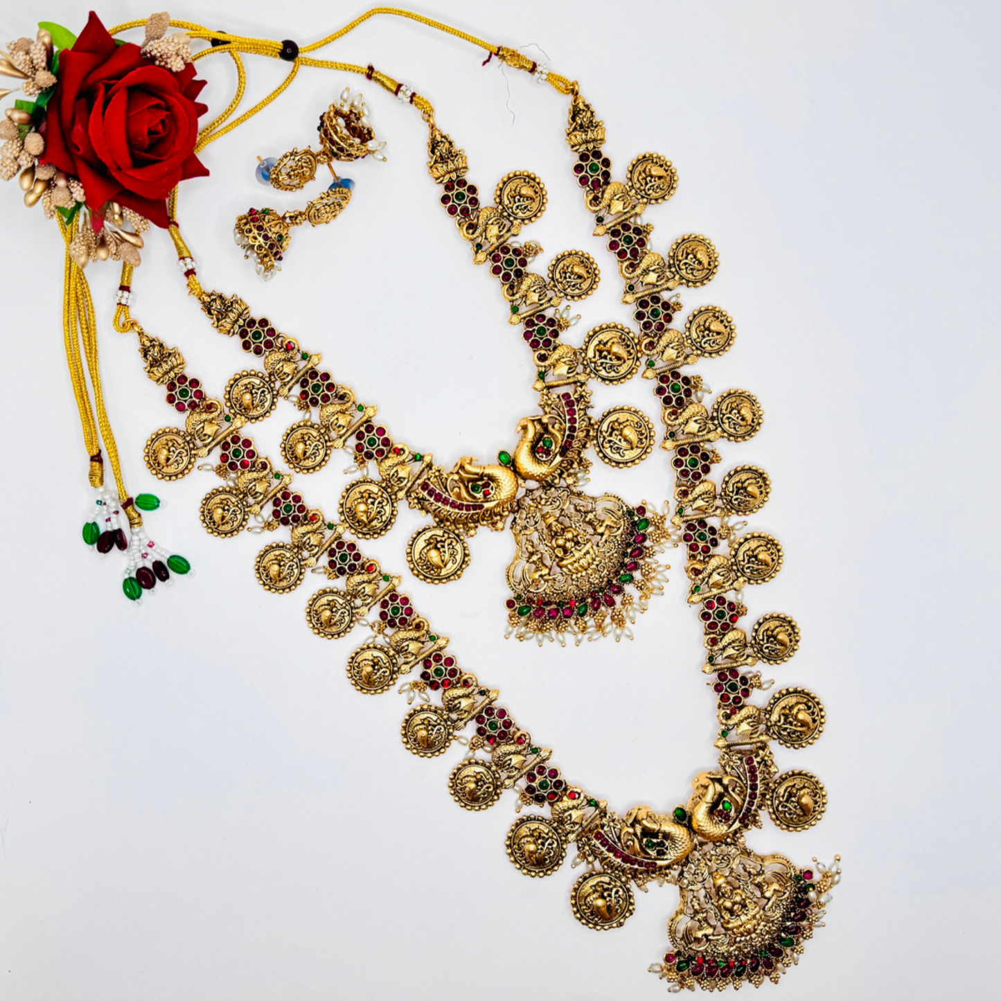 Exquisite Temple Jewelry set with Lakshmi motif ( 3 Piece Set), Gold-Plated Traditional Indian Combo Jewelry set Bridal Jewelry Necklace Set with short and long necklace and matching Earrings 