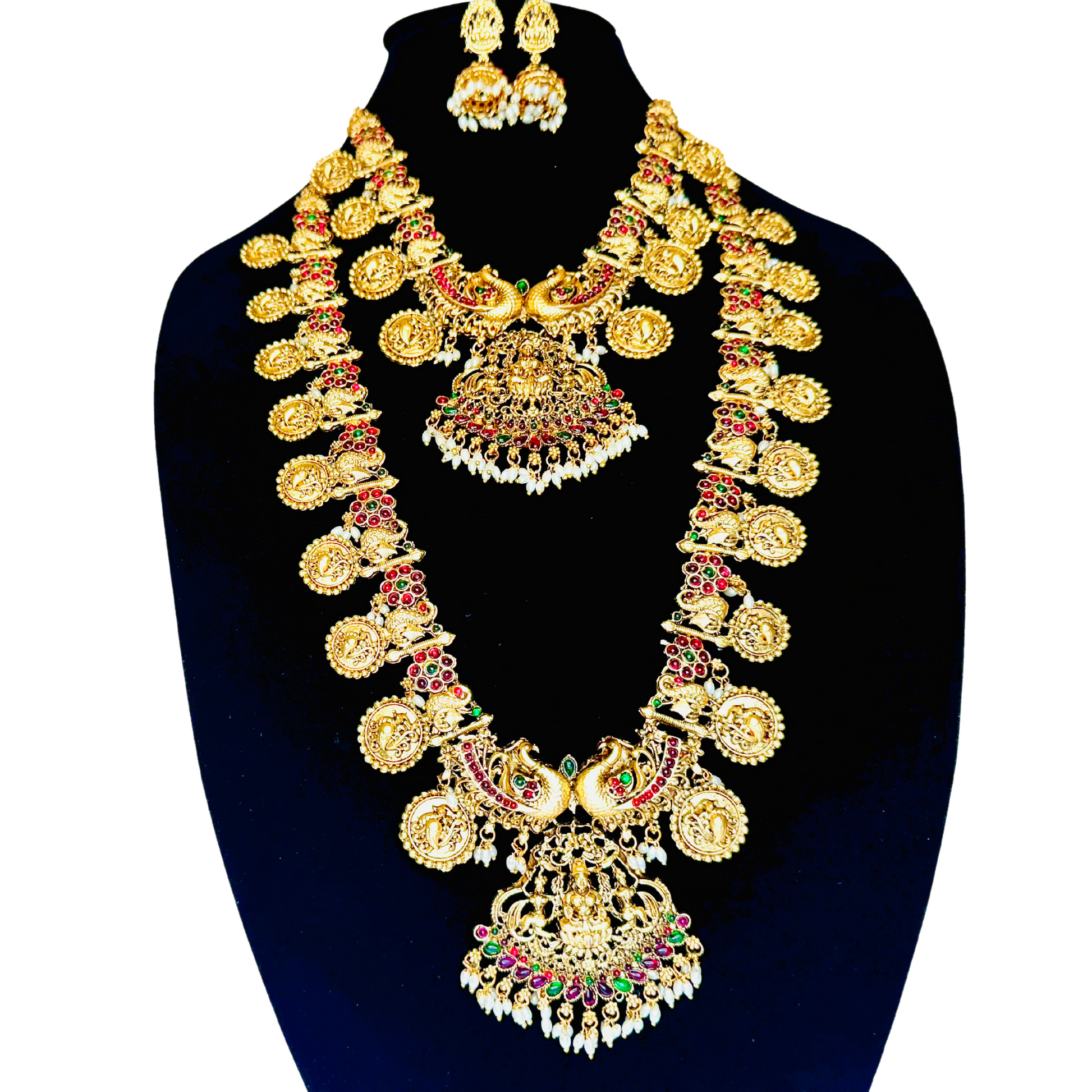 Exquisite Temple Jewelry set with Lakshmi motif ( 3 Piece Set), Gold-Plated Traditional Indian Combo Jewelry set Bridal Jewelry Necklace Set with short and long necklace and matching Earrings 