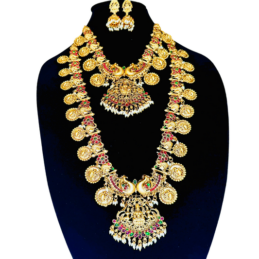 Exquisite Temple Jewelry set with Lakshmi motif ( 3 Piece Set), Gold-Plated Traditional Indian Combo Jewelry set Bridal Jewelry Necklace Set with short and long necklace and matching Earrings 