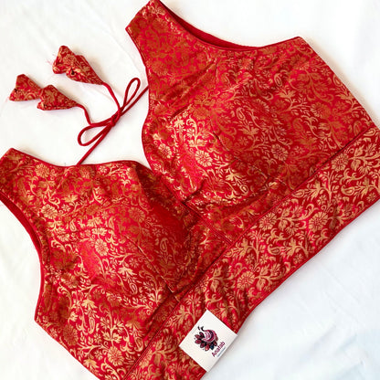 Red Gold Brocade Blouse, Designer Blouse, Readymade Indian Blouse, Padded Sleeveless Blouse, Wedding Festive Blouse, Crop top, lehenga blous