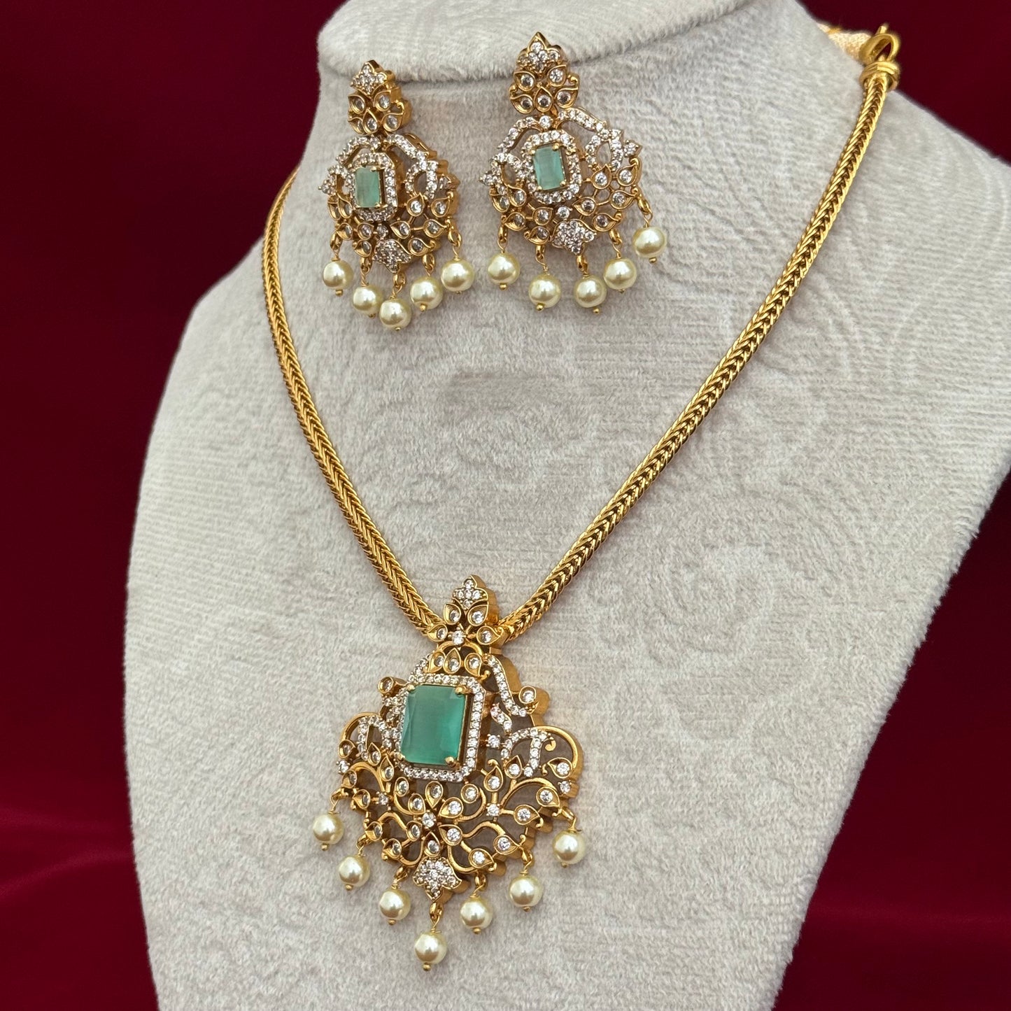 Turquoise CZ Polki Necklace Set with Pearl Drops, Indian Bridal Jewelry Set, Gold Tone Pendant Necklace, Statement Earrings, Party Wear Jew