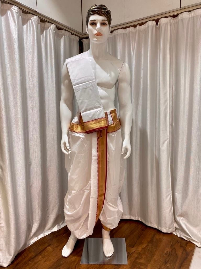 Men’s White Dhoti Dupatta Set for Puja | Traditional South Indian Dhoti with Golden Zari Border | Hindu Ceremony Wear | Temple Wedding Outf