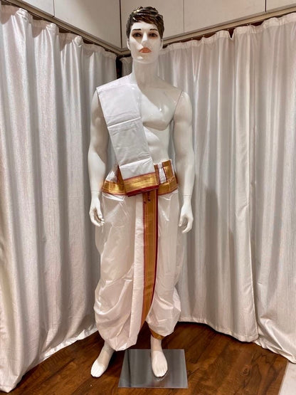 Men’s White Dhoti Dupatta Set for Puja | Traditional South Indian Dhoti with Golden Zari Border | Hindu Ceremony Wear | Temple Wedding Outf