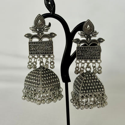 Oxidized Silver Jhumka Earrings, Large Indian Statement Earrings, Floral Tribal Jhumki, Traditional Ethnic Jewelry, Boho Festive, Garba earr