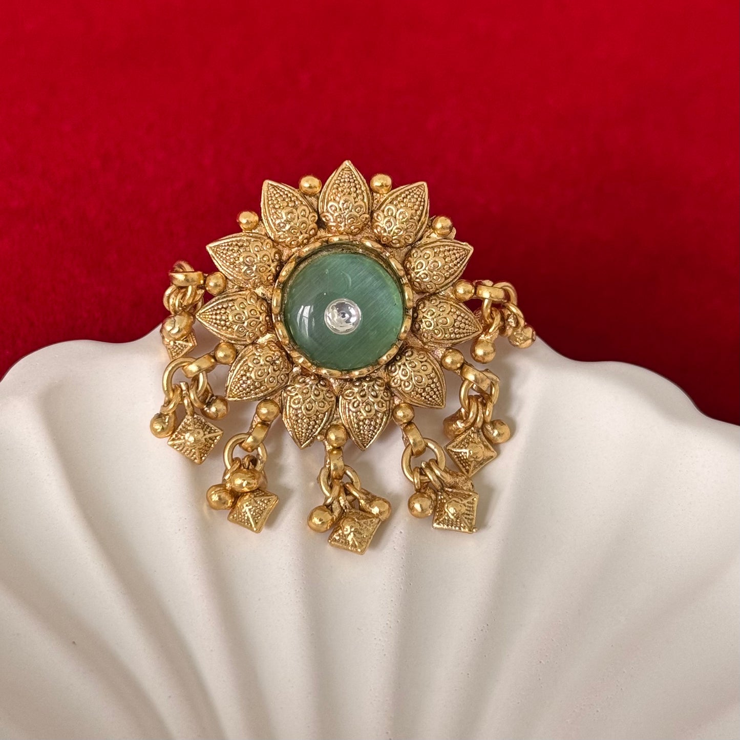 Vintage Brass Statement Ring, Heritage Floral Ring, Green Stone Adjustable Ring, Boho Ethnic Finger Ring, Indian Traditional Jewelry Gift fo