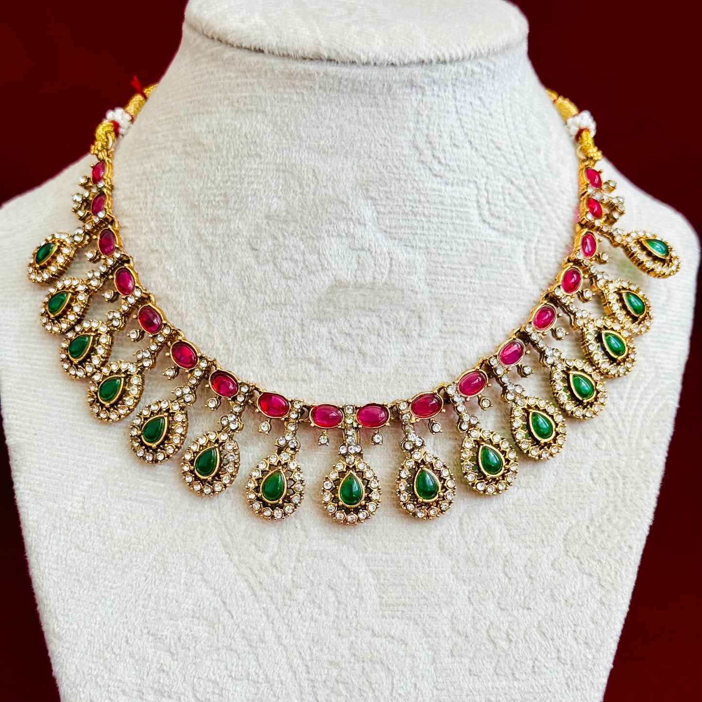 Emerald Green & Ruby Pink Stone Necklace Set, Gold Bridal Jewelry Set, Wedding Necklace, Statement CZ Necklace with Earrings, Festive wear