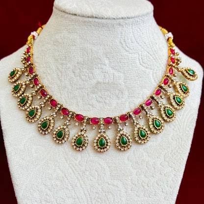 Emerald Green & Ruby Pink Stone Necklace Set, Gold Bridal Jewelry Set, Wedding Necklace, Statement CZ Necklace with Earrings, Festive wear