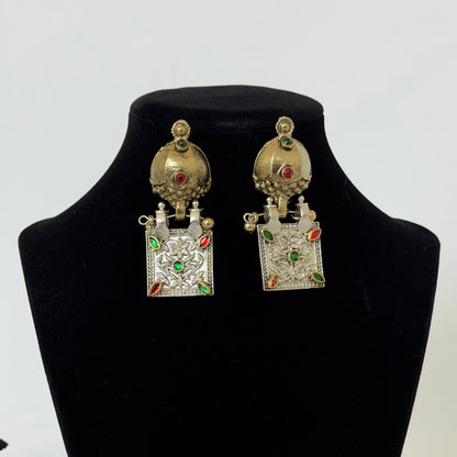 Oxidized Silver & Gold Necklace Set, Dual Tone Indian Jewelry, Jhumka Pendant Necklace, Red Green Stone Jewelry, Navratri Garba Jewelry Set