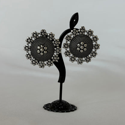 Oxidized Silver Round Stud Earrings, Floral Statement Earrings, German Silver Tribal Jewelry, Boho Ethnic Earrings, Indian Jewelry for Women