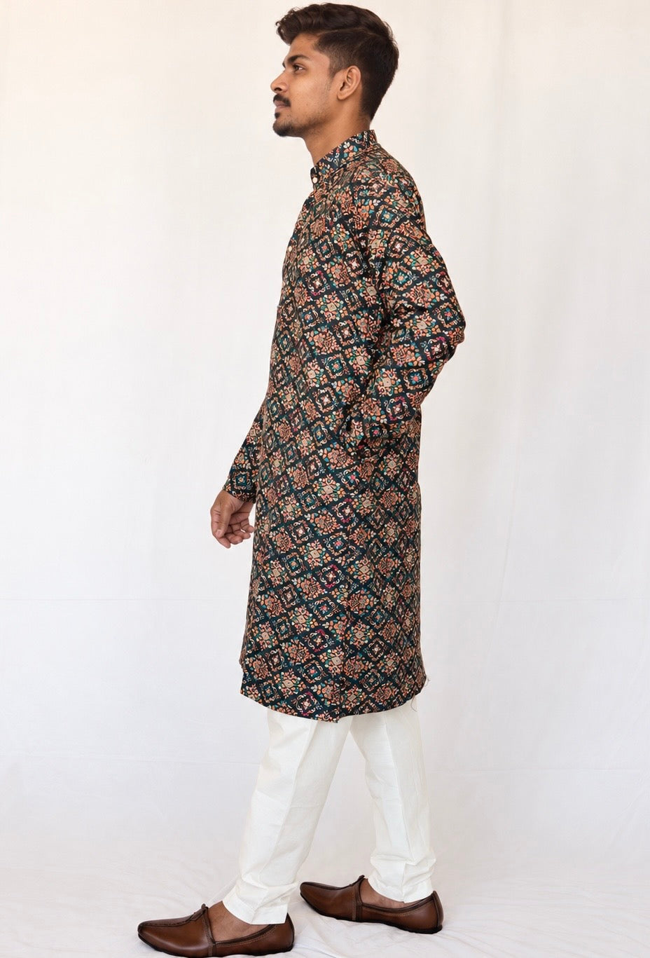 Men’s Printed Kurta Pajama Set, Navy Blue Multicolor Ethnic Kurta, Traditional Indian Outfit for Men, Diwali Outfit, Wedding Festive Wear,