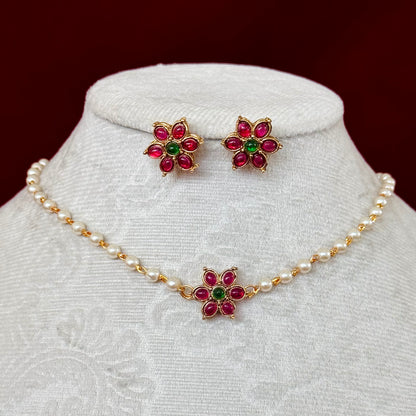 Ruby Green Floral Necklace Set, Pearl Chain Choker, Traditional Indian Jewelry, Temple Style Flower Pendant, Bridal Festive Necklace Earring
