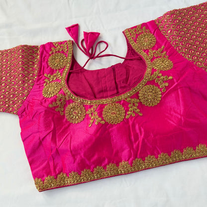 Rani Pink Jacquard Saree Blouse with Gold Embroidery, Designer Indian Blouse, Readymade Silk Blouse, Wedding Festive Blouse, Lehenga blouse