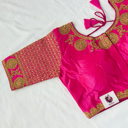 Rani Pink Jacquard Saree Blouse with Gold Embroidery, Designer Indian Blouse, Readymade Silk Blouse, Wedding Festive Blouse, Lehenga blouse