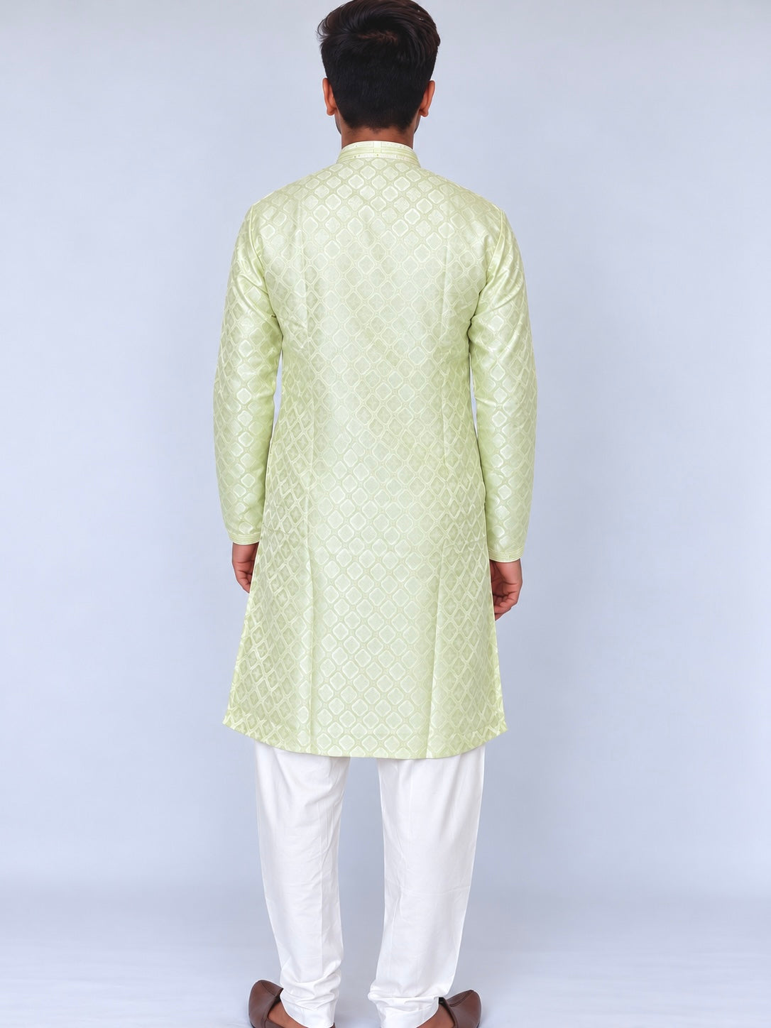 Men’s Pista Green Jacquard Kurta Pajama Set, Golden Woven Design Indian Traditional Outfit, Wedding Festive Wear, Diwali Kurta, Ships from U