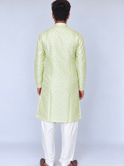 Men’s Pista Green Jacquard Kurta Pajama Set, Golden Woven Design Indian Traditional Outfit, Wedding Festive Wear, Diwali Kurta, Ships from U