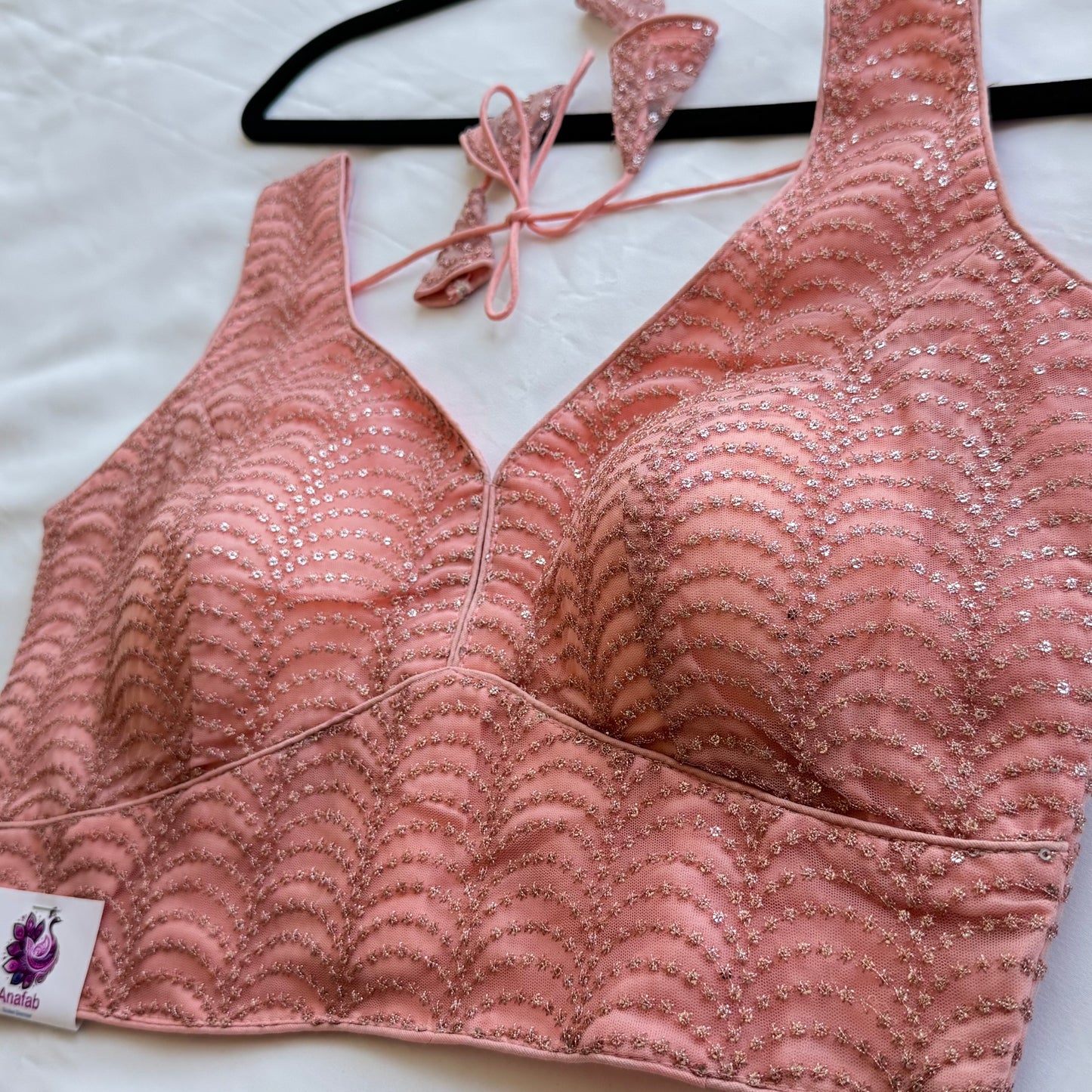 Peach Pink Sequin Designer Blouse | Readymade Padded Saree Blouse | Elegant Party Wear Blouse with Tie Back | Size 38–42 | Lehenga blouse |
