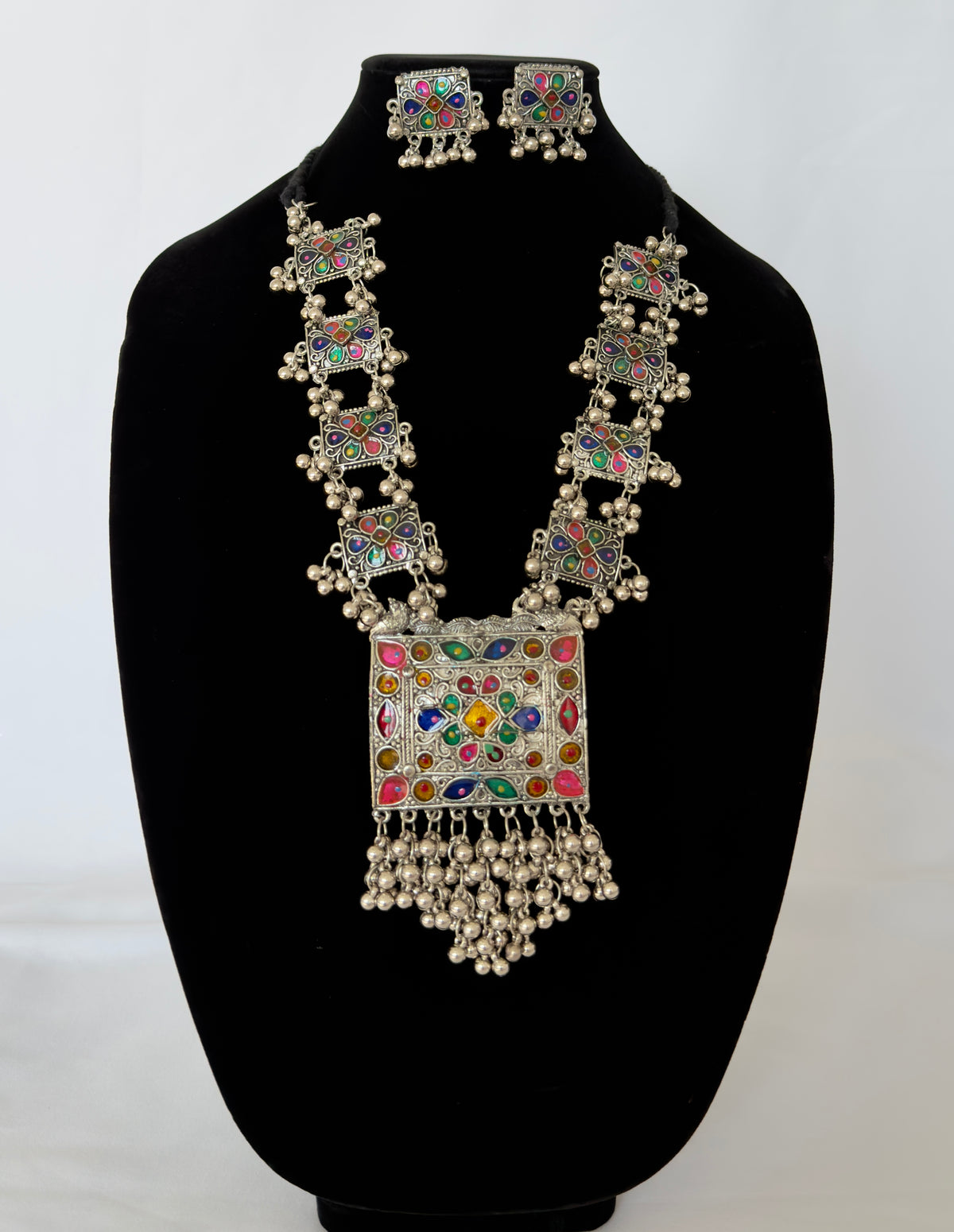 Oxidized Silver Necklace Set with Multicolor Enamel & Ghungroo, Indian Tribal Statement Jewelry, Boho Necklace Earrings Set, Festive Jewelry
