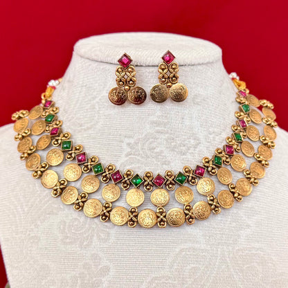Temple Coin Necklace Set, Antique Gold Lakshmi Necklace, Red Green Stone Choker, South Indian Jewelry Set, Bridal Festive Necklace