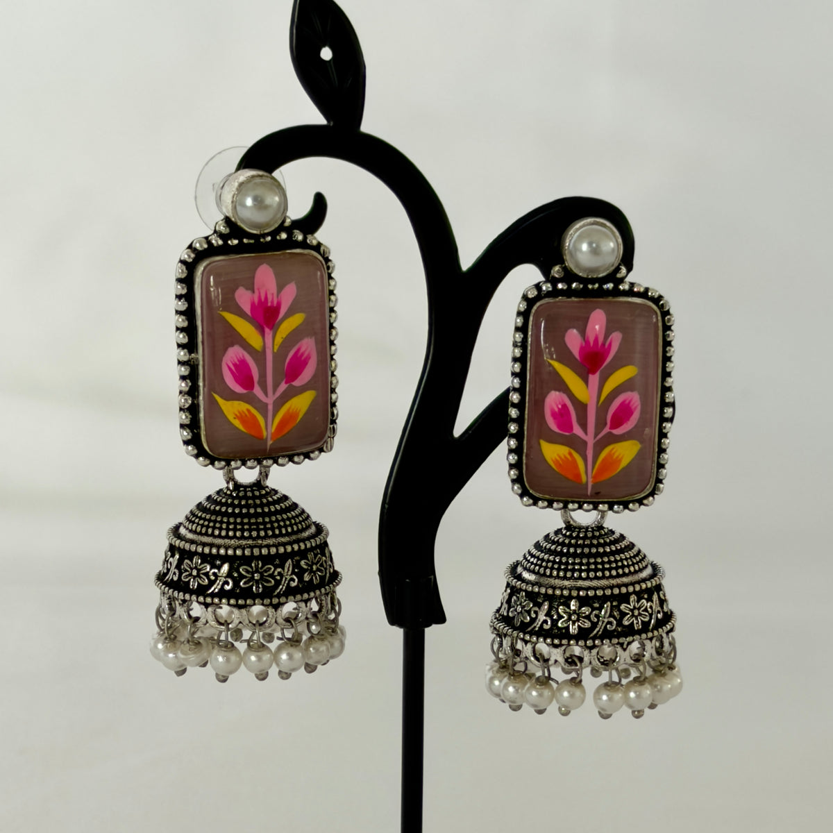Oxidized Silver Hand Painted Mauve Floral Jhumka Earrings, Pink Flower Statement Earrings, Pearl Beaded Indian Earrings, Ethnic Jewelry