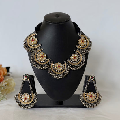 Oxidized Silver Gold Kundan Necklace Set, Indian Statement Jewelry, Navratri Garba Dandiya Necklace, Long Earrings, Tribal Boho Jewelry