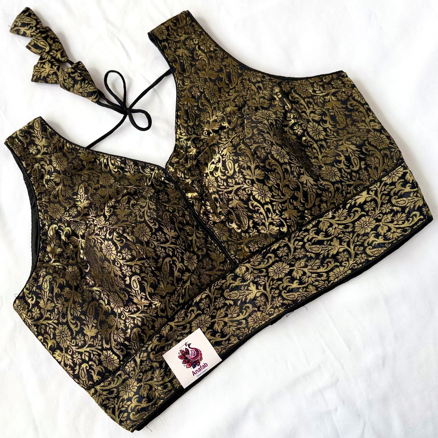 Black & Gold Brocade Saree Blouse, Readymade Indian Blouse, Padded Designer Blouse, Deep Back Neck Choli, Wedding Festive Blouse, Crop top