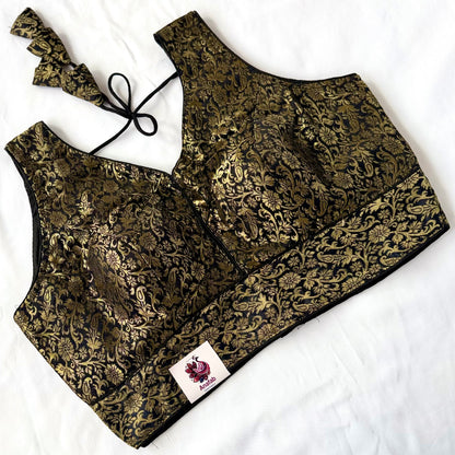 Black & Gold Brocade Saree Blouse, Readymade Indian Blouse, Padded Designer Blouse, Deep Back Neck Choli, Wedding Festive Blouse, Crop top