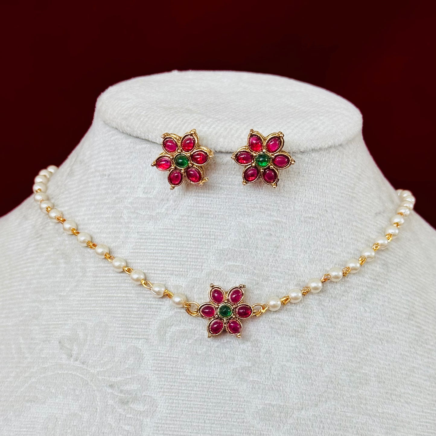 Ruby Green Floral Necklace Set, Pearl Chain Choker, Traditional Indian Jewelry, Temple Style Flower Pendant, Bridal Festive Necklace Earring