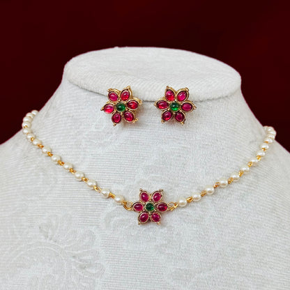 Ruby Green Floral Necklace Set, Pearl Chain Choker, Traditional Indian Jewelry, Temple Style Flower Pendant, Bridal Festive Necklace Earring