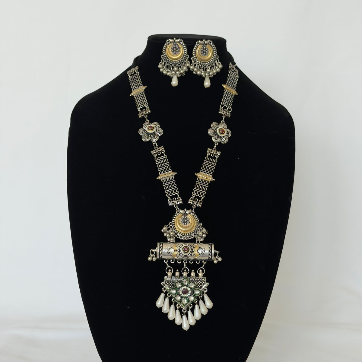 Oxidized Silver Long Necklace Set with Statement Pendant, Dual Tone Tribal Jewelry, Pearl Drop Earrings, Boho Indian Necklace, Festive Jewel