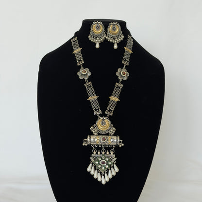 Oxidized Silver Long Necklace Set with Statement Pendant, Dual Tone Tribal Jewelry, Pearl Drop Earrings, Boho Indian Necklace, Festive Jewel