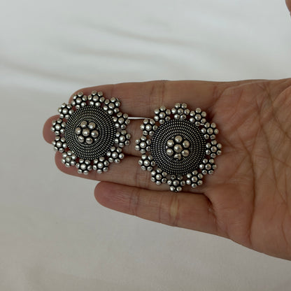 Oxidized Silver Round Stud Earrings, Floral Statement Earrings, German Silver Tribal Jewelry, Boho Ethnic Earrings, Indian Jewelry for Women
