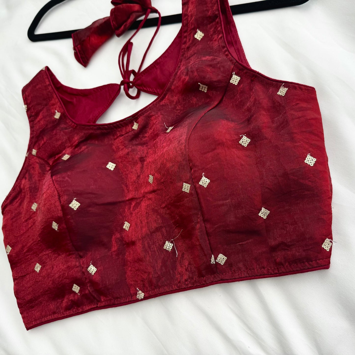 Maroon Fandy Silk Blouse | Sequins Butti Work, Padded Designer Saree Blouse (Ready to Wear)