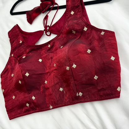 Maroon Fandy Silk Blouse | Sequins Butti Work, Padded Designer Saree Blouse (Ready to Wear)
