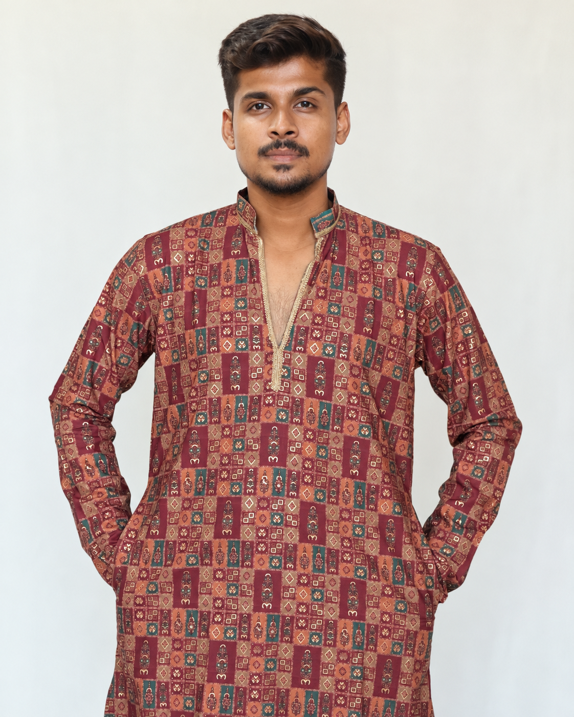 Men’s Orange Maroon Kurta Pajama Set, Soft Armani Fabric Printed Kurta with Golden Shine, Indian Wedding Outfit, Diwali Festive Wear for Men