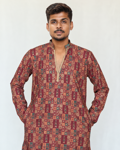 Men’s Orange Maroon Kurta Pajama Set, Soft Armani Fabric Printed Kurta with Golden Shine, Indian Wedding Outfit, Diwali Festive Wear for Men
