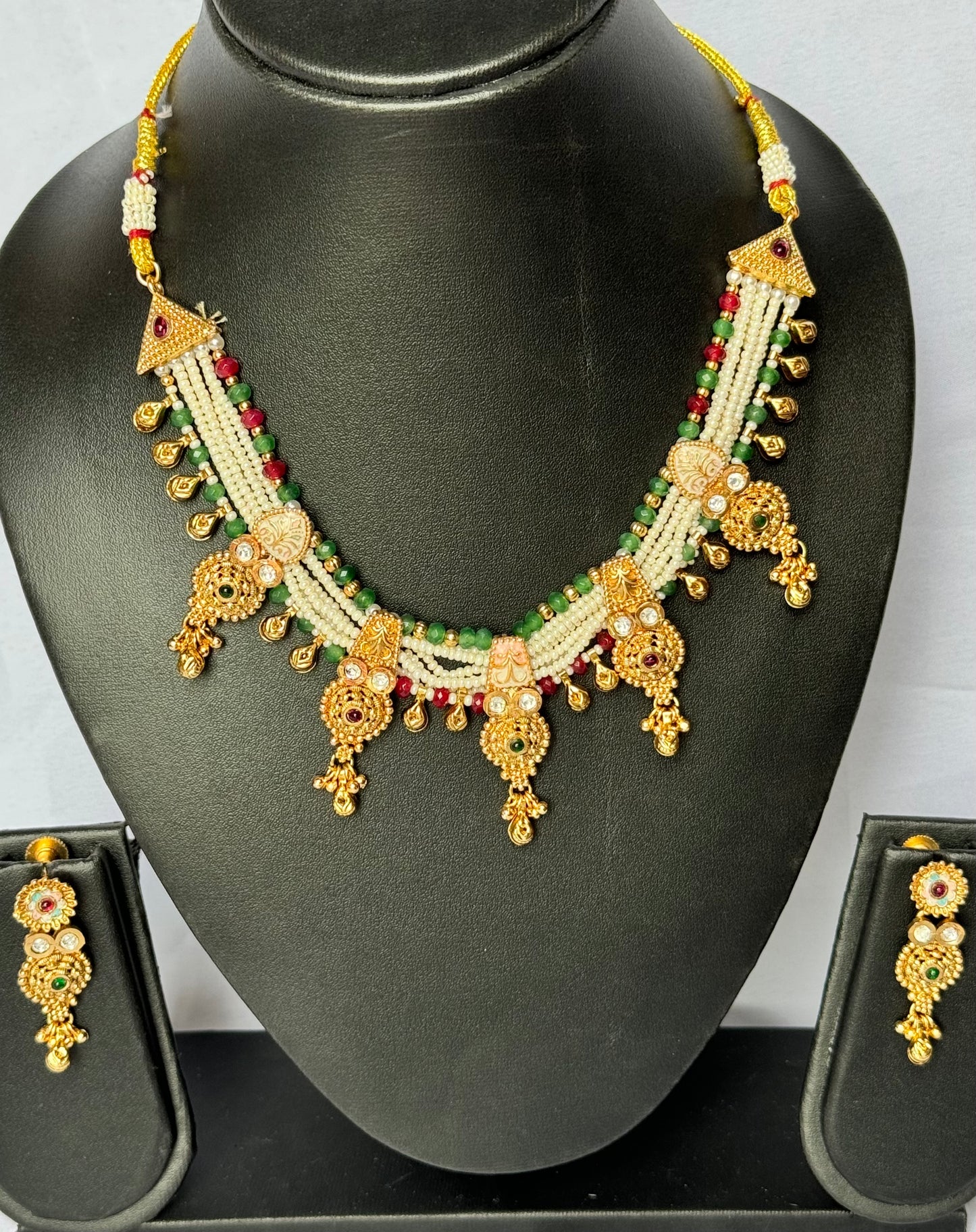 Handcrafted Pearl Beads Necklace Set | Green & Maroon Accents | Antique Gold Droplet Design | Festive Ethnic Jewelry with Matching Earrings